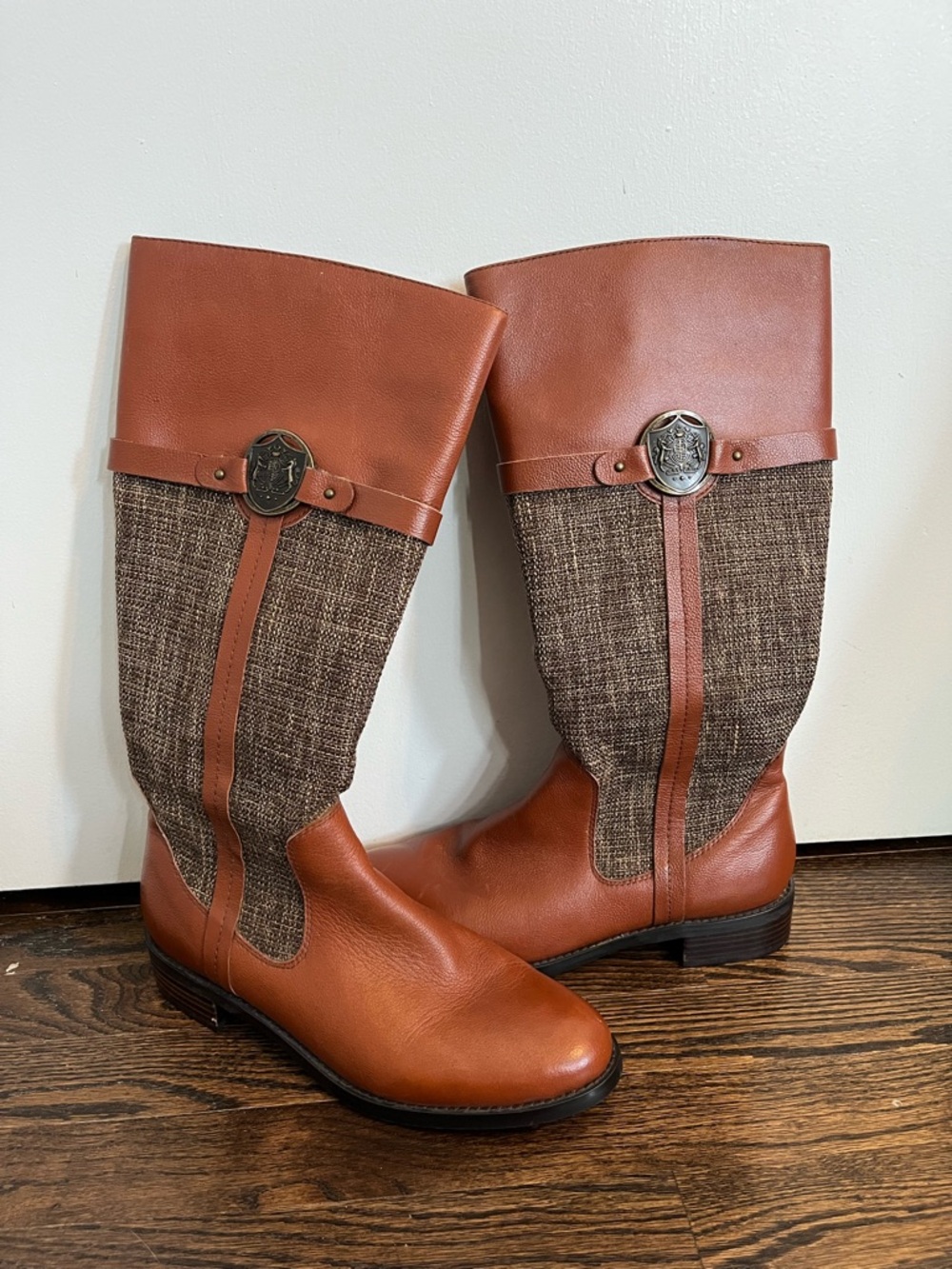 Michael Shannon Grace Tan Leather & Brown Tweed riding boots women’s size 10